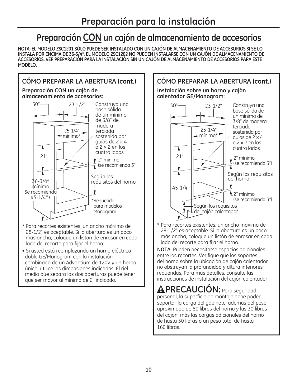Preparación para la instalación preparación, Un cajón de almacenamiento de accesorios, Precaución | GE PSB9120DFBB User Manual | Page 30 / 40