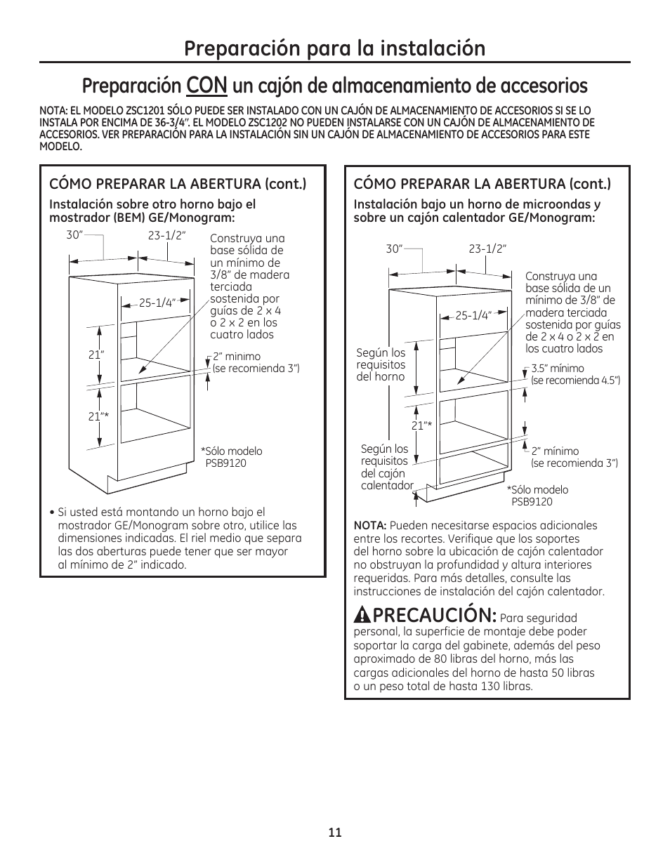 Preparación para la instalación preparación, Un cajón de almacenamiento de accesorios, Precaución | GE PSB9120DFBB User Manual | Page 31 / 40