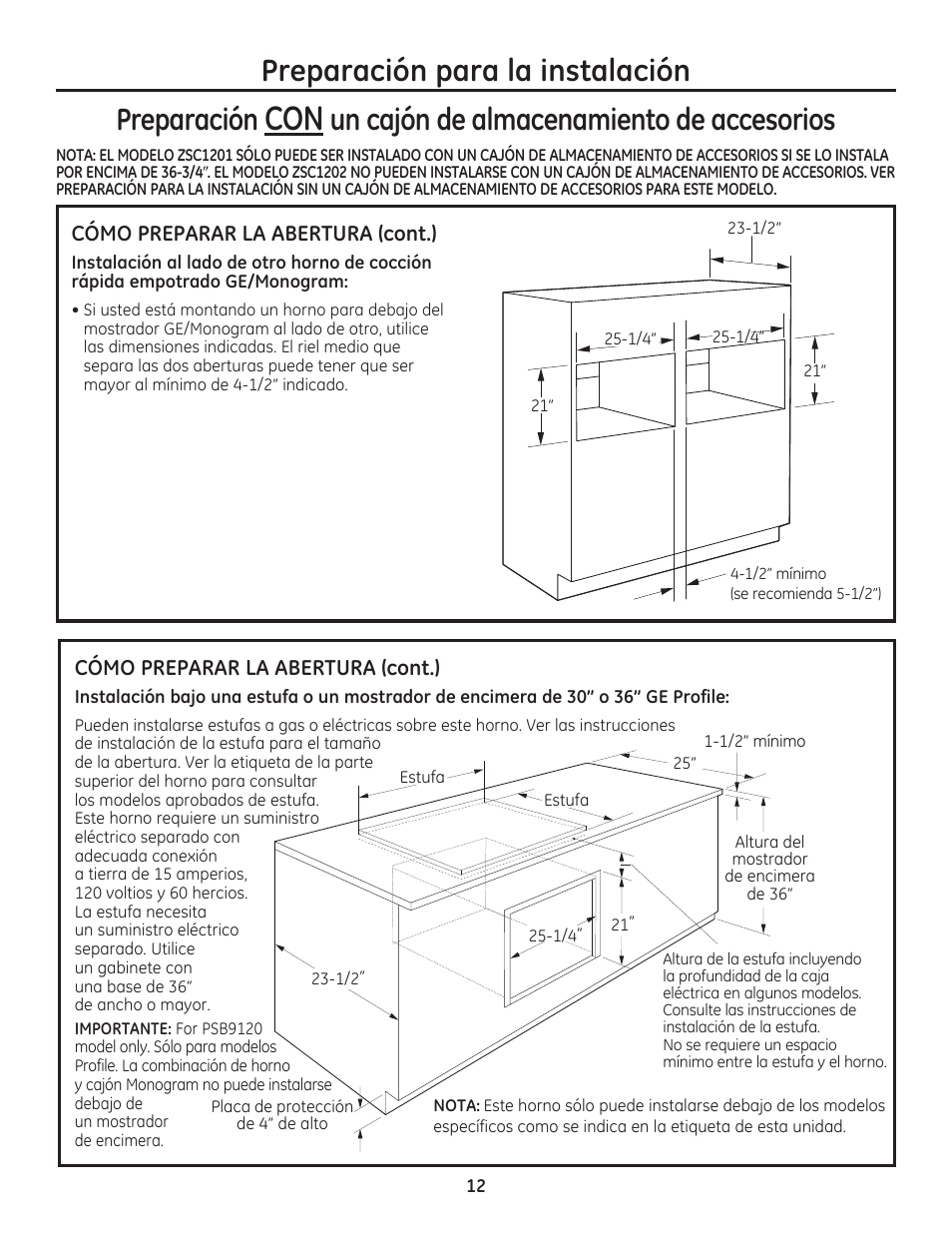 Preparación para la instalación, Preparación, Un cajón de almacenamiento de accesorios | GE PSB9120DFBB User Manual | Page 32 / 40