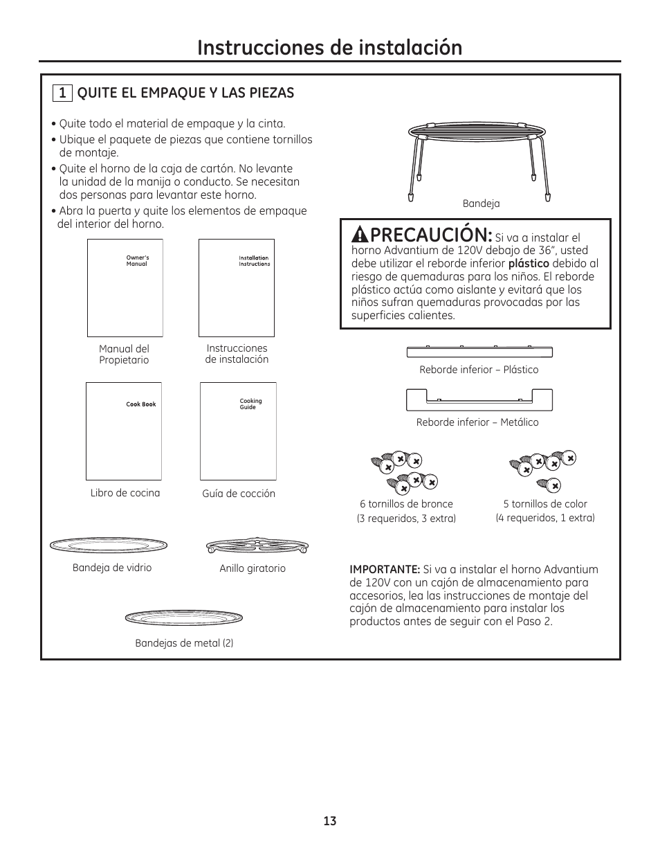 Instrucciones de instalación, Precaución, 1 quite el empaque y las piezas | GE PSB9120DFBB User Manual | Page 33 / 40