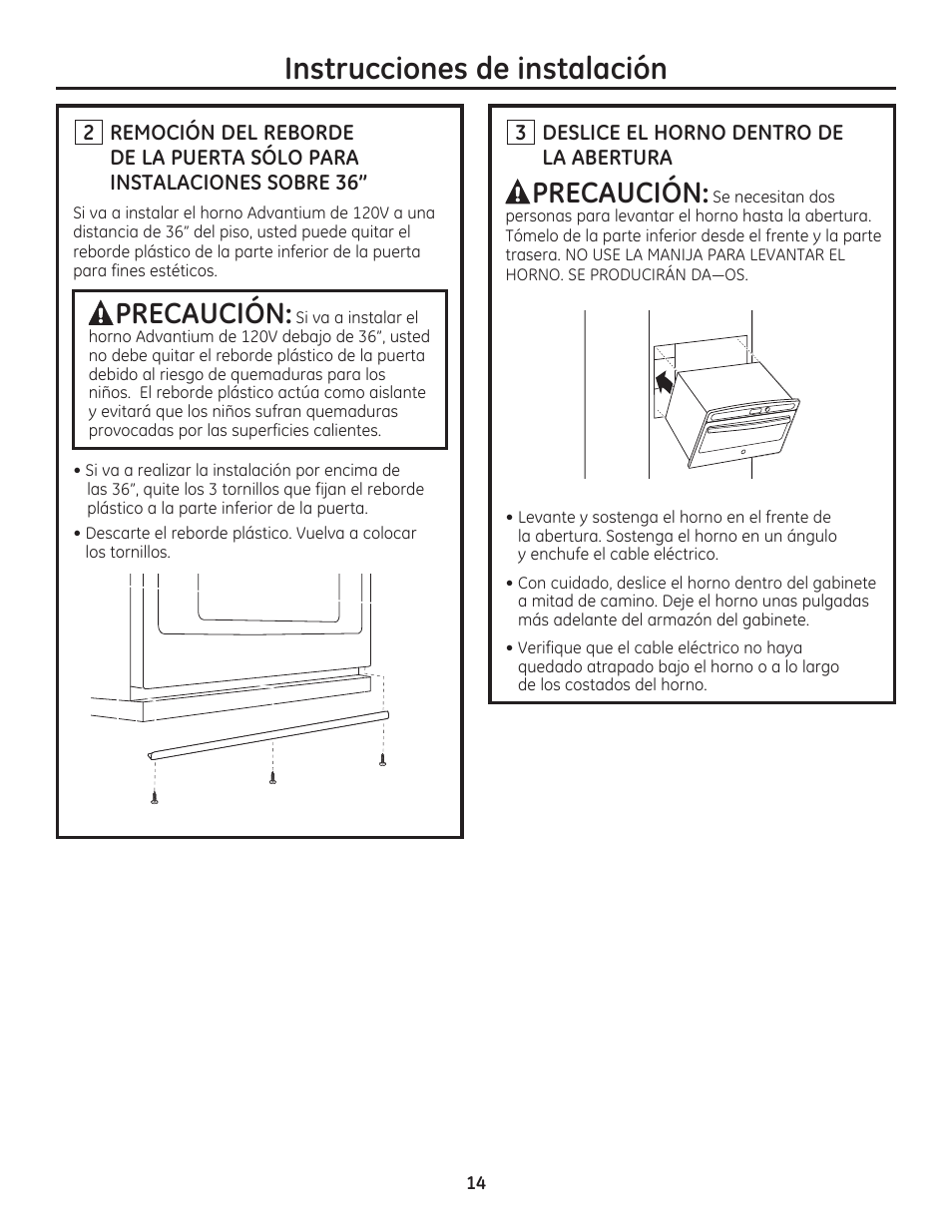 Instrucciones de instalación, Precaución | GE PSB9120DFBB User Manual | Page 34 / 40
