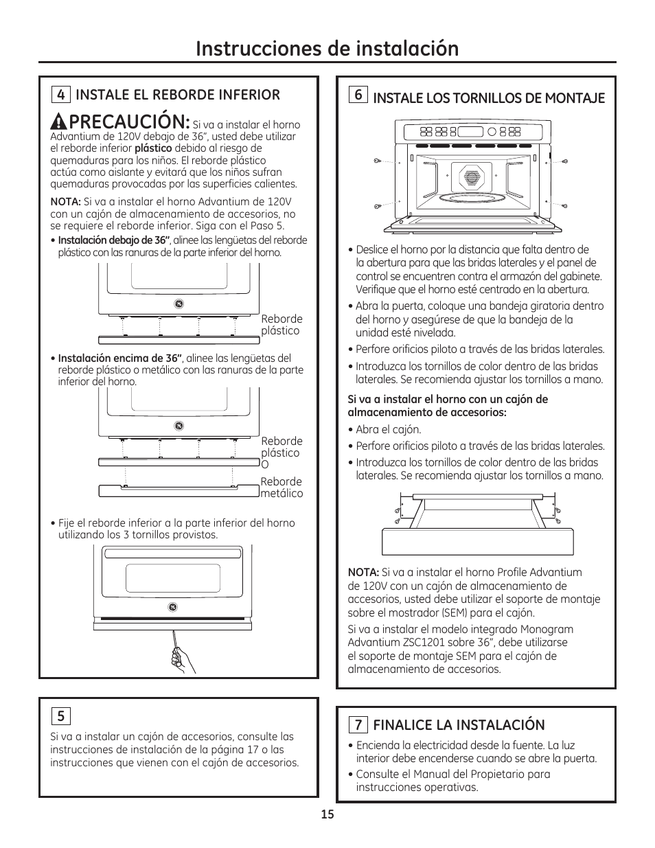 Instrucciones de instalación, Precaución, 6 instale los tornillos de montaje | 7 finalice la instalación, 4 instale el reborde inferior | GE PSB9120DFBB User Manual | Page 35 / 40
