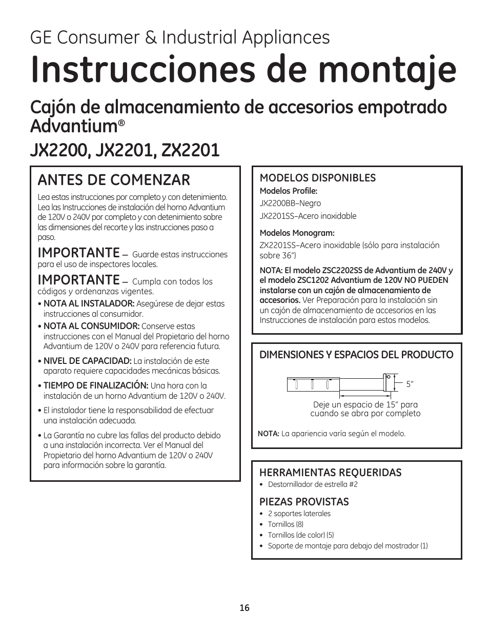 Instrucciones de montaje, Ge consumer & industrial appliances, Antes de comenzar | Importante | GE PSB9120DFBB User Manual | Page 36 / 40