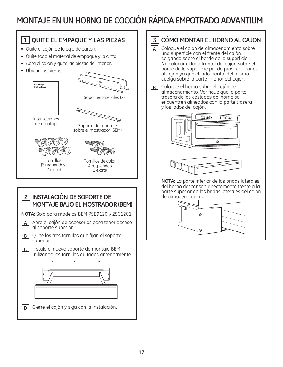 1 quite el empaque y las piezas, 3 cómo montar el horno al cajón | GE PSB9120DFBB User Manual | Page 37 / 40