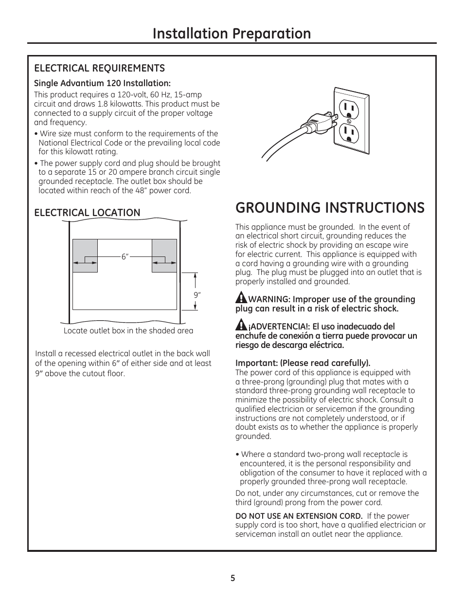 Installation preparation, Grounding instructions | GE PSB9120DFBB User Manual | Page 5 / 40