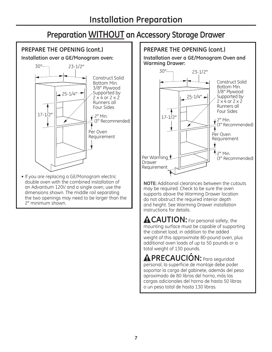 Without, Installation preparation, Preparation | An accessory storage drawer, Caution, Precaución | GE PSB9120DFBB User Manual | Page 7 / 40