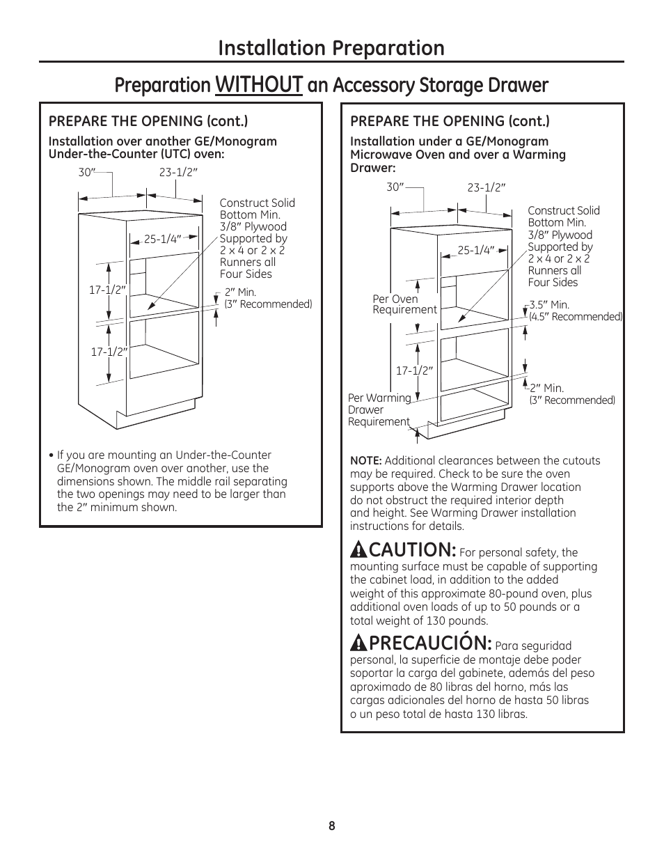 Without, Installation preparation preparation, An accessory storage drawer | Caution, Precaución | GE PSB9120DFBB User Manual | Page 8 / 40