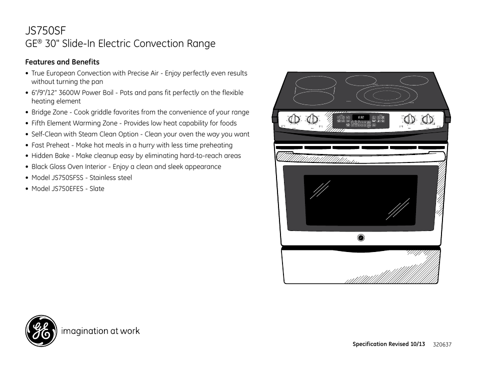 Js750sf, 30" slide-in electric convection range | GE JS750SFSS User Manual | Page 2 / 2