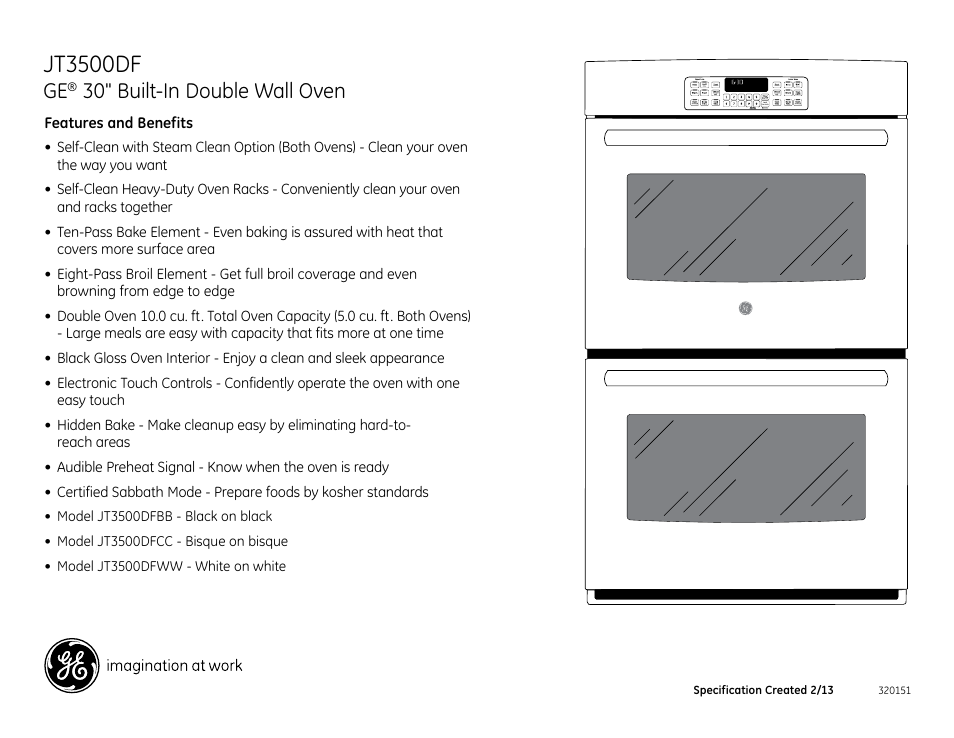 Jt3500df, Jt3500dfww/cc/bb, 30" built-in double wall oven | GE JT3500DFBB User Manual | Page 2 / 2