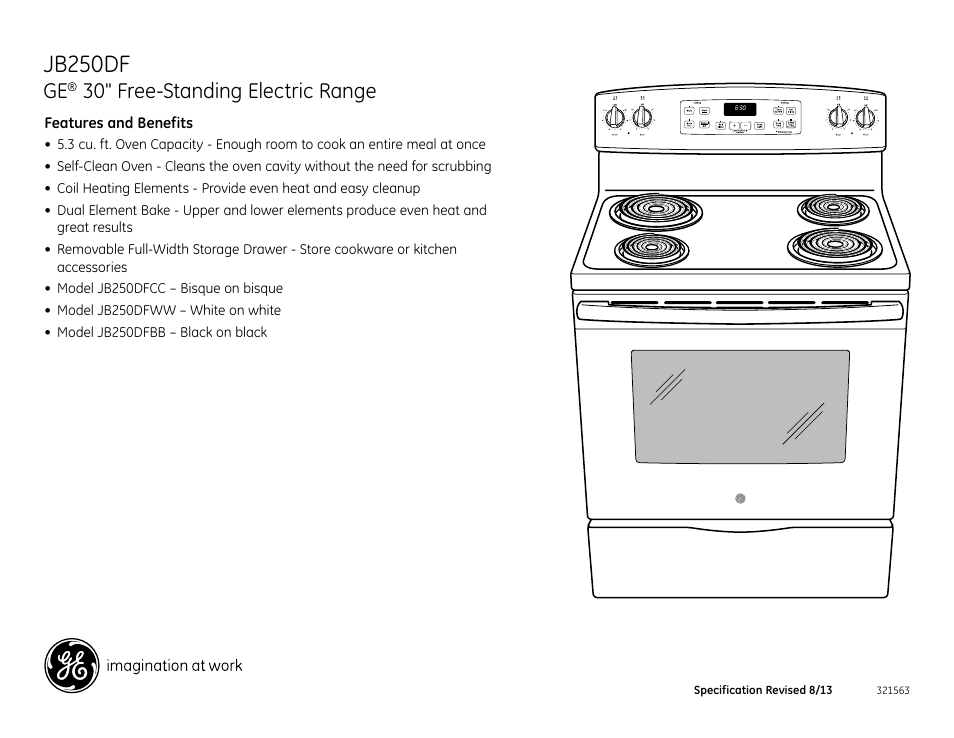 Jb250df, 30" free-standing electric range | GE JB250DFBB User Manual | Page 2 / 2