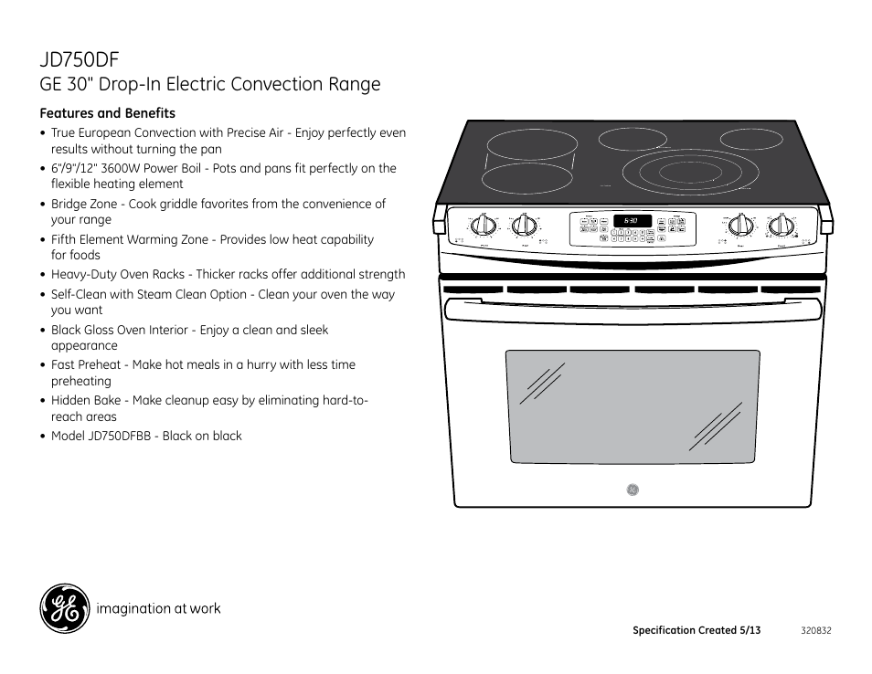 Jd750df, Ge 30" drop-in electric convection range | GE JD750SFSS User Manual | Page 2 / 2