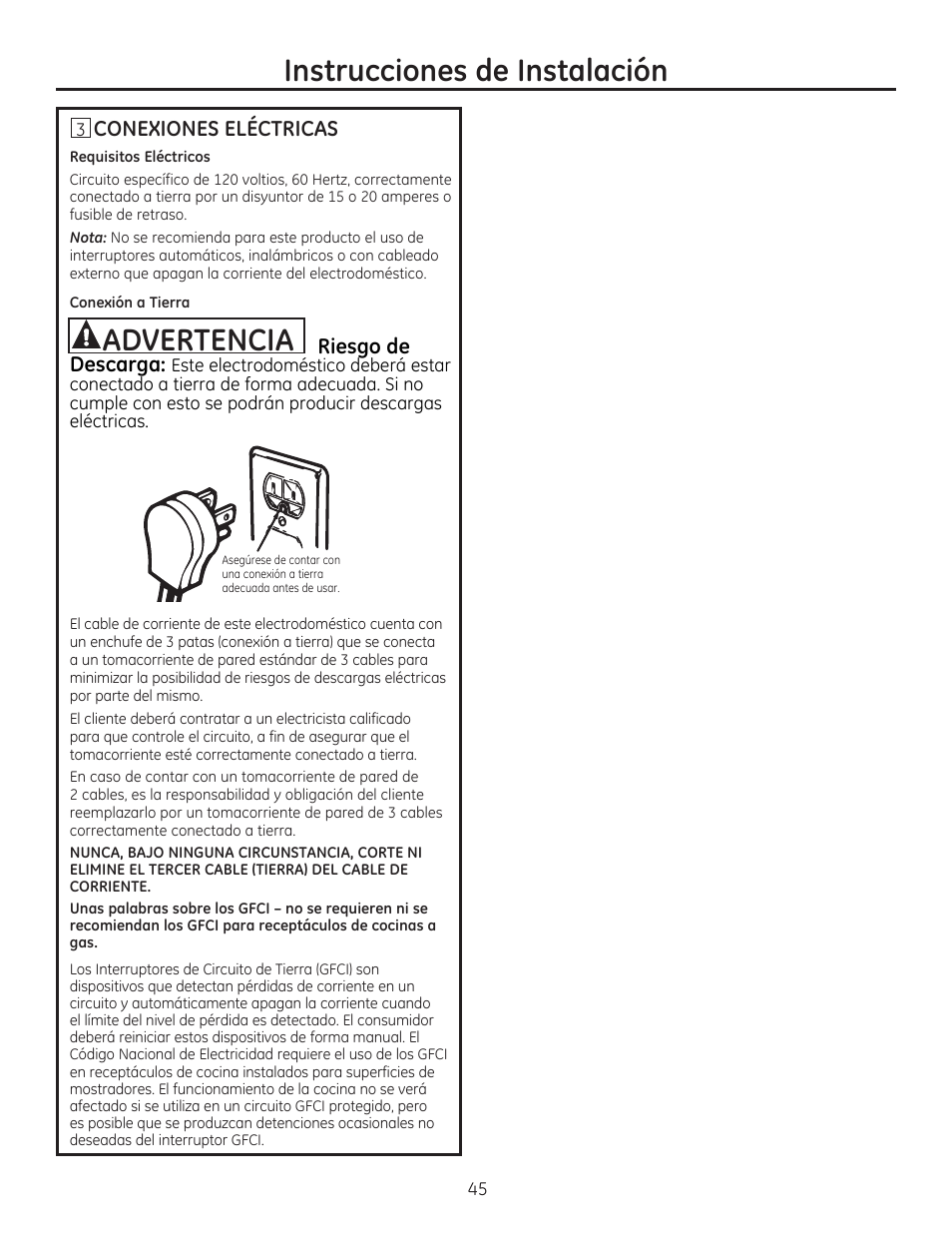 Conexiones eléctricas, Riesgo de, Instrucciones de instalación | GE CGS990SETSS User Manual | Page 101 / 114