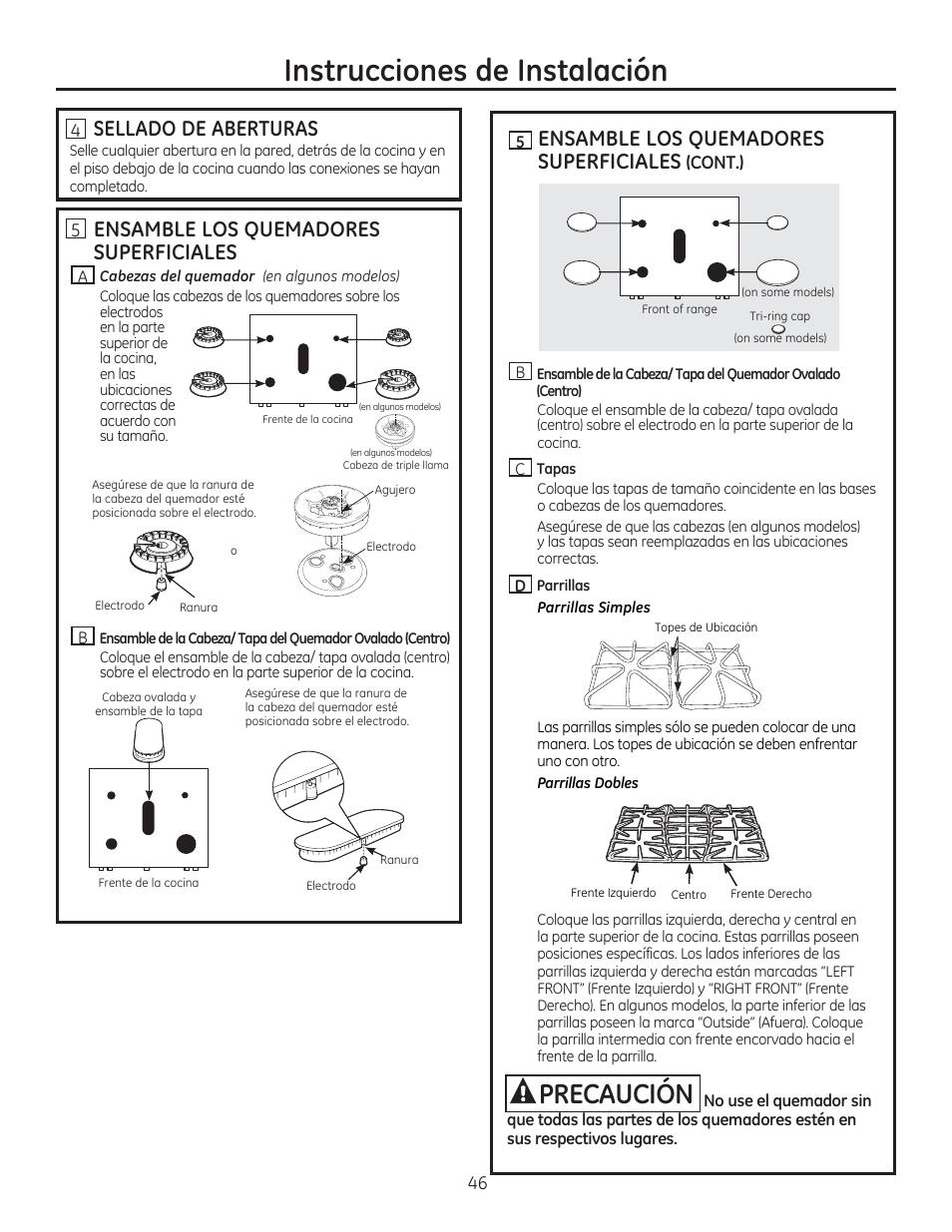 Sellado de aberturas, Ensamble los quemadores superficiales, Ц ensamble los quemadores superficiales (cont.) | Instrucciones de instalación, Cont.), A precaución | GE CGS990SETSS User Manual | Page 102 / 114