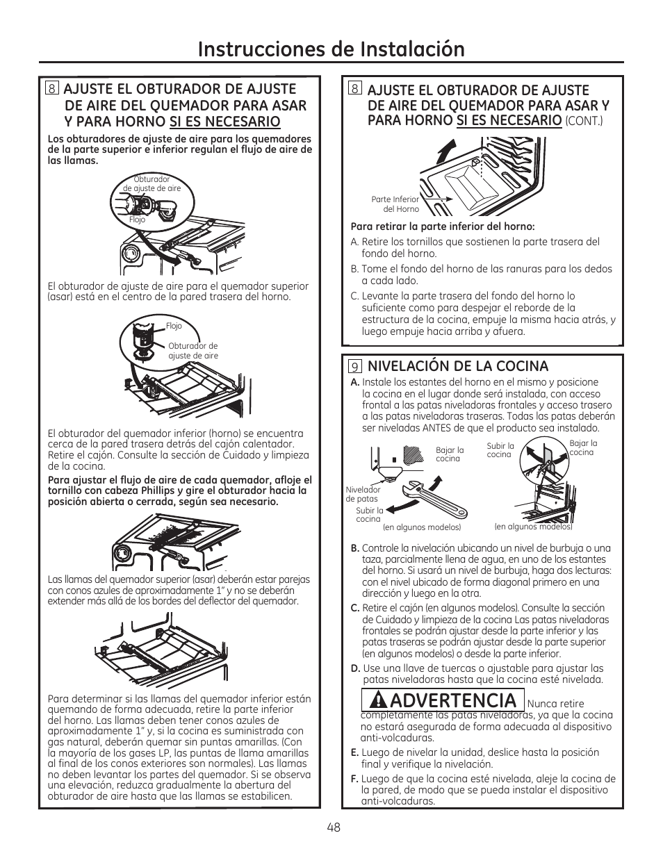 Nivelacion de la cocina, Nivelación de la cocina, Instrucciones de instalación | Advertencia | GE CGS990SETSS User Manual | Page 104 / 114