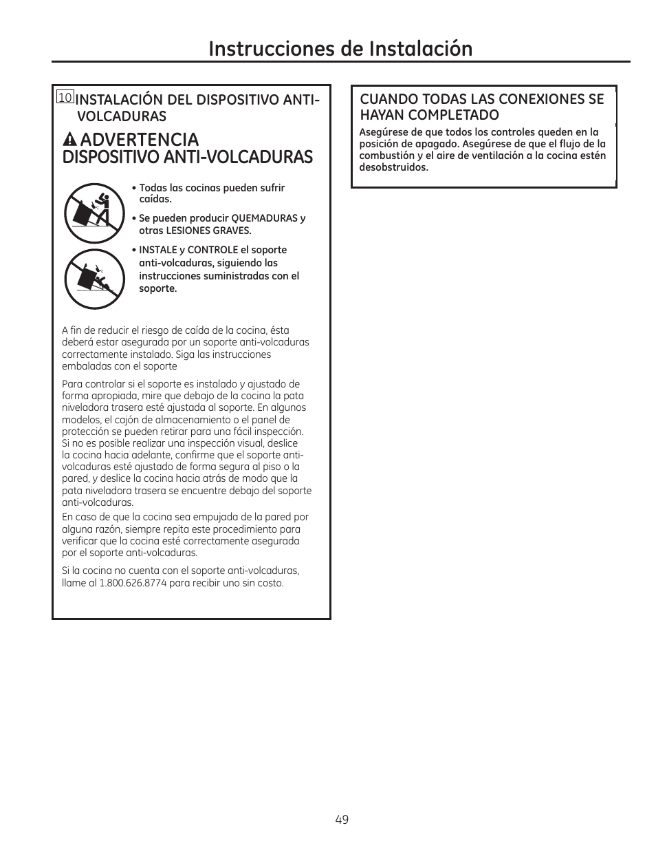 5^instalación del dispositivo antivolcaduras, Cuando todas las conexiones se hayan completado, Instrucciones de instalación | Dispositivo anti-volcaduras, Aadvertencia | GE CGS990SETSS User Manual | Page 105 / 114