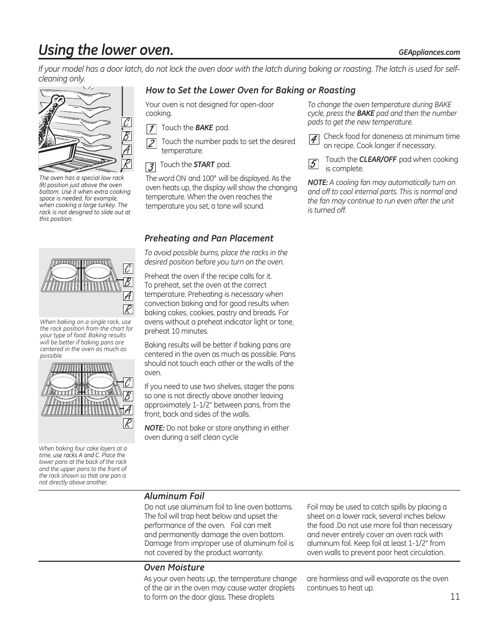 How to set the lower oven for baking or roasting, Preheating and pan placement, Aluminum foil | Oven moisture, Using the lower oven | GE CGS990SETSS User Manual | Page 11 / 114