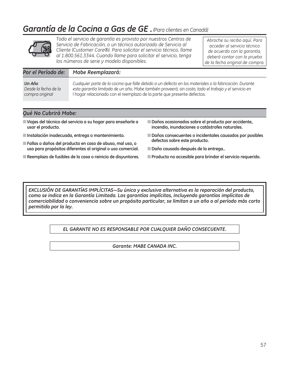 Por el período de: habe reemplazará, Qué no cubrirá mabe, Garantía de ¡a cocina a gas de ge | GE CGS990SETSS User Manual | Page 113 / 114