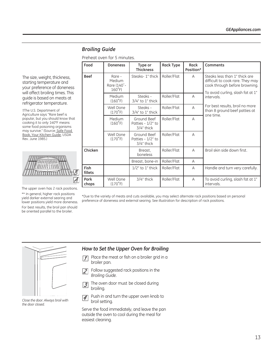 Broiling guide, How to set the upper oven for broiling | GE CGS990SETSS User Manual | Page 13 / 114