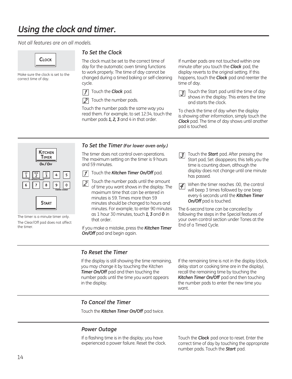 To set the clock, To reset the timer, To cancel the timer | Power outage, Using the dock and timer | GE CGS990SETSS User Manual | Page 14 / 114