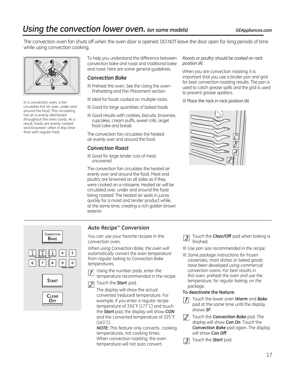 Convection bake, Convection roast, Auto recipe'^ conversion | Using the convection lower oven, On some models) | GE CGS990SETSS User Manual | Page 17 / 114