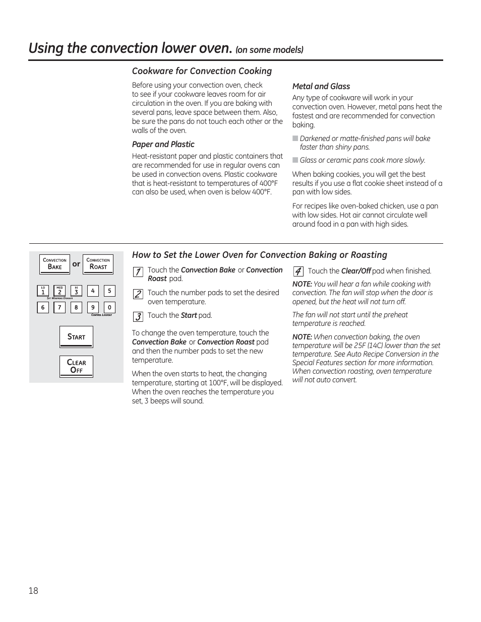 Cookware for convection cooking, Using the convection lower oven, On some models) | GE CGS990SETSS User Manual | Page 18 / 114