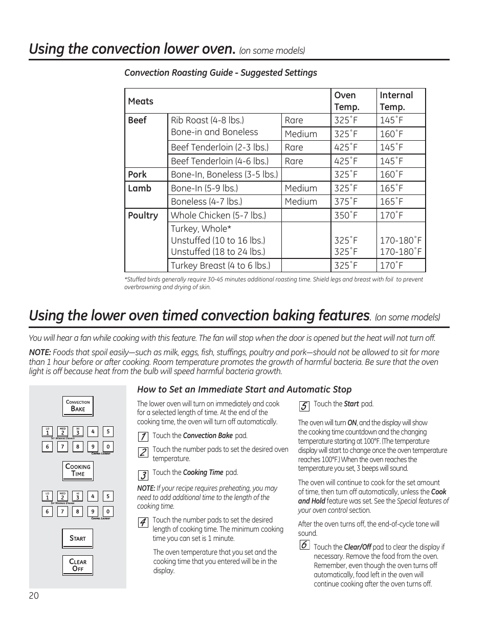 Convection roasting guide - suggested settings, How to set an immediate start and automatic stop, Using the convection lower oven | M [ b m 0 0, H □ 0 0 0, Special features of your oven control | GE CGS990SETSS User Manual | Page 20 / 114