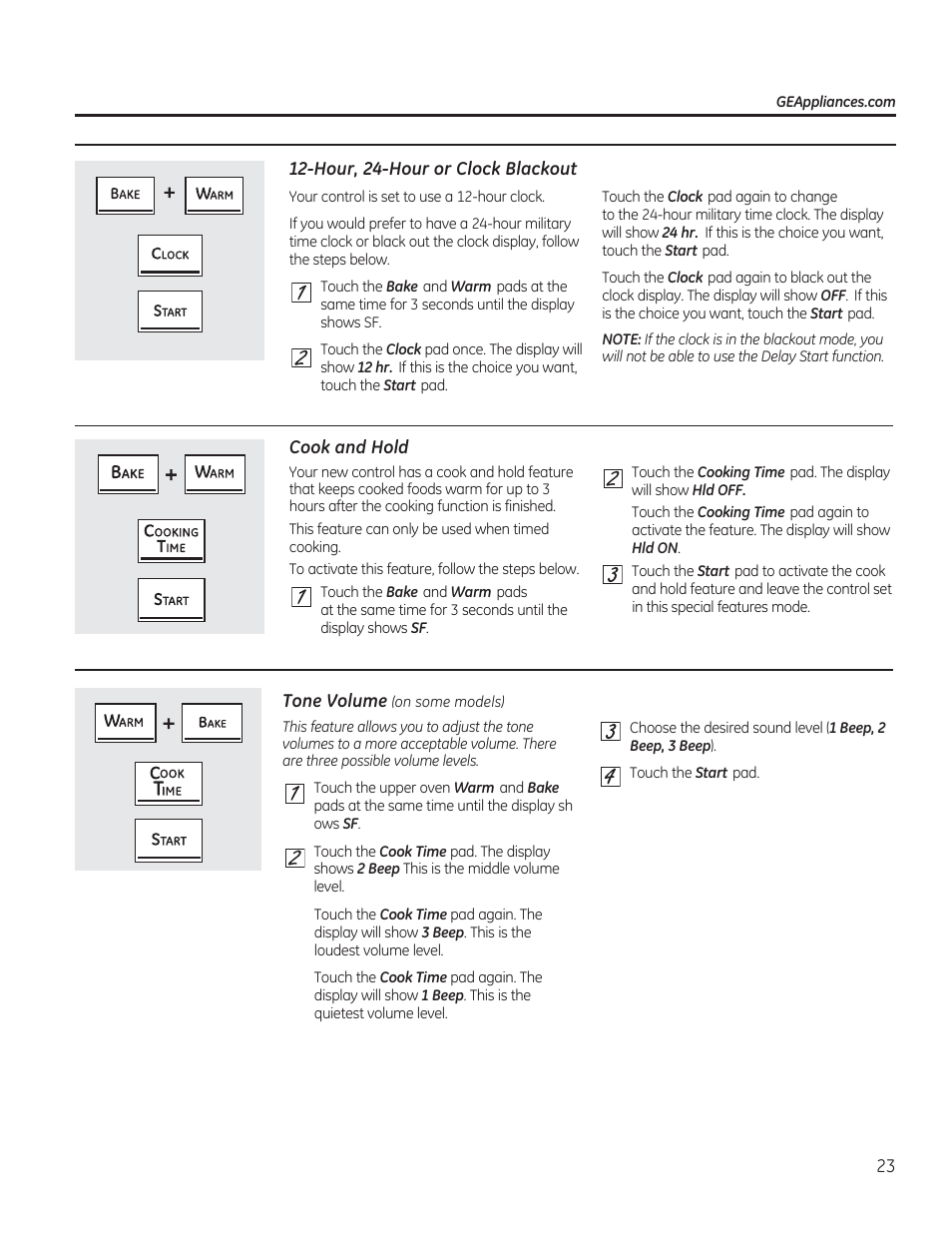 Hour, 24-hour or clock blackout, Cook and hold | GE CGS990SETSS User Manual | Page 23 / 114