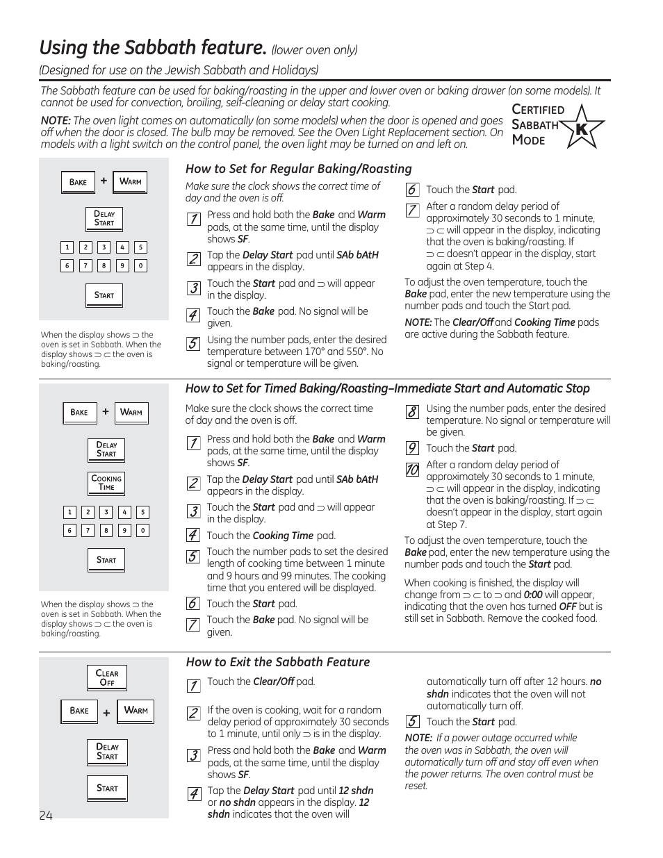 Using the sabbath feature. (lower oven only), How to set for regular baking/roasting, How to exit the sabbath feature | Using the sabbath feature | GE CGS990SETSS User Manual | Page 24 / 114