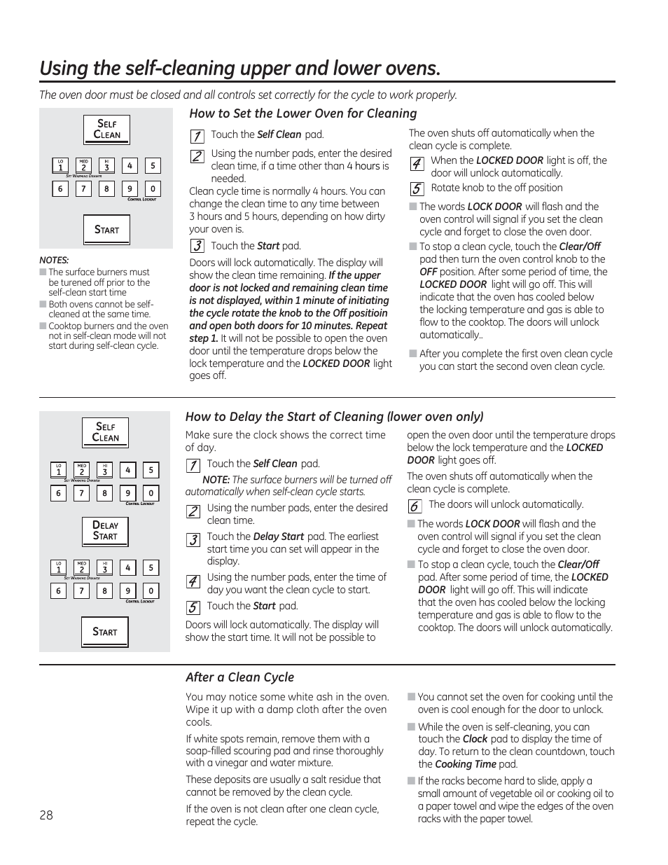 Using the self-cleaning upper and lower ovens, How to set the lower oven for cleaning, Lu ^ lu 0 0 | After a clean cycle, M [ii [a s s | GE CGS990SETSS User Manual | Page 28 / 114
