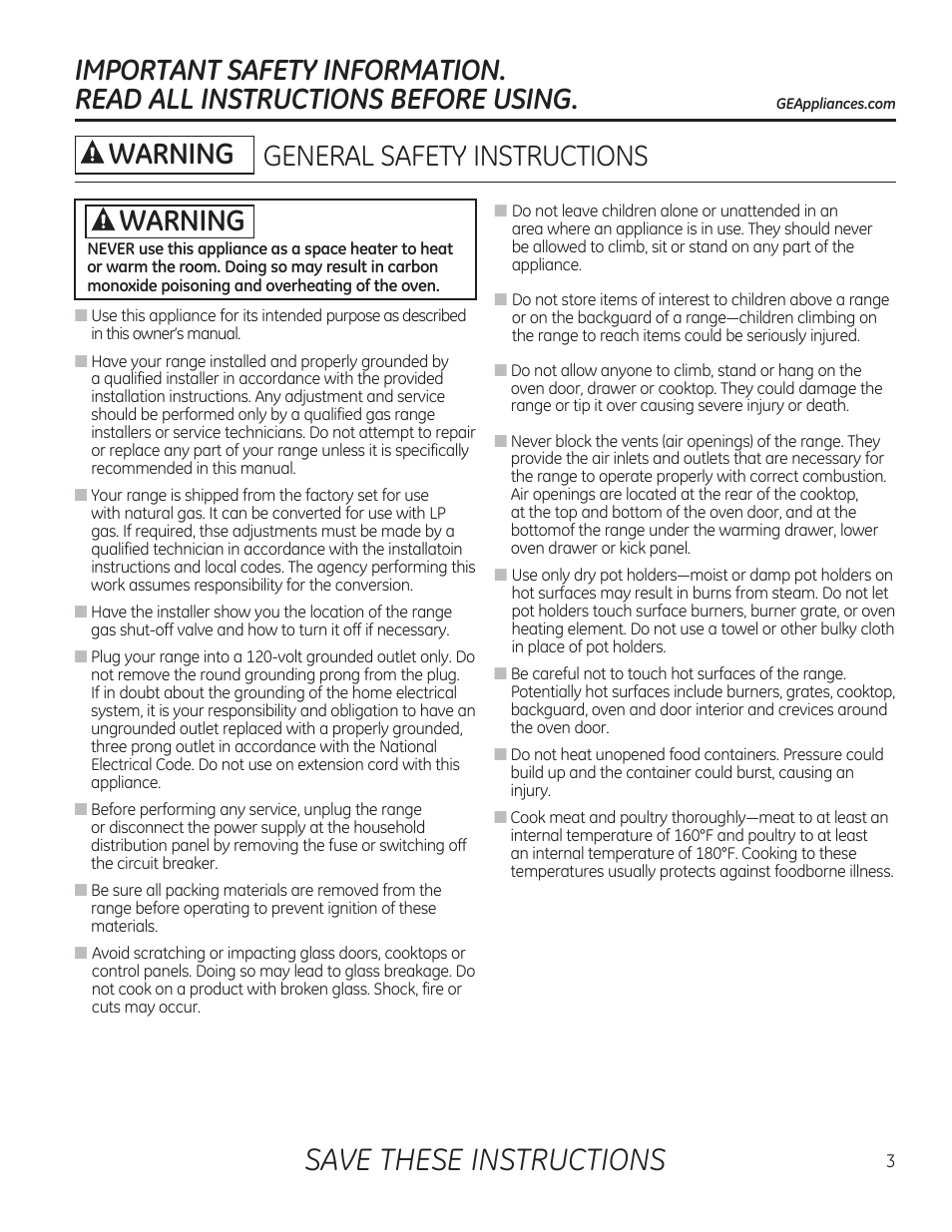 General safety instructions, Safety instructions, Save these instructions | A warning | GE CGS990SETSS User Manual | Page 3 / 114