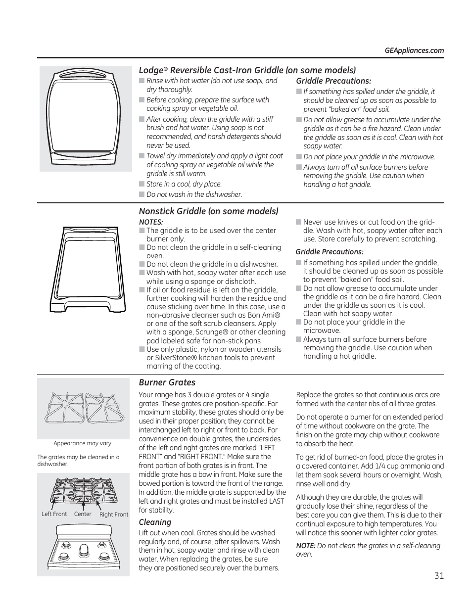 Lodge® reversible cast-iron griddle, On some models), Nonstick griddle (on some models) | Burner grates, Burner grates , 32 | GE CGS990SETSS User Manual | Page 31 / 114