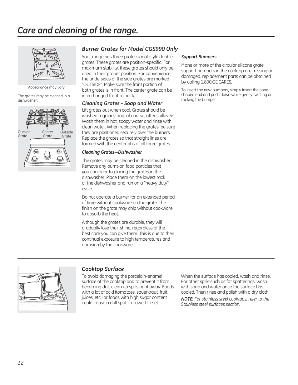 Burner grates for model cgs990 only, Cooktop surface, Care and cleaning of the range | Cgs990 only, Cleaning | GE CGS990SETSS User Manual | Page 32 / 114