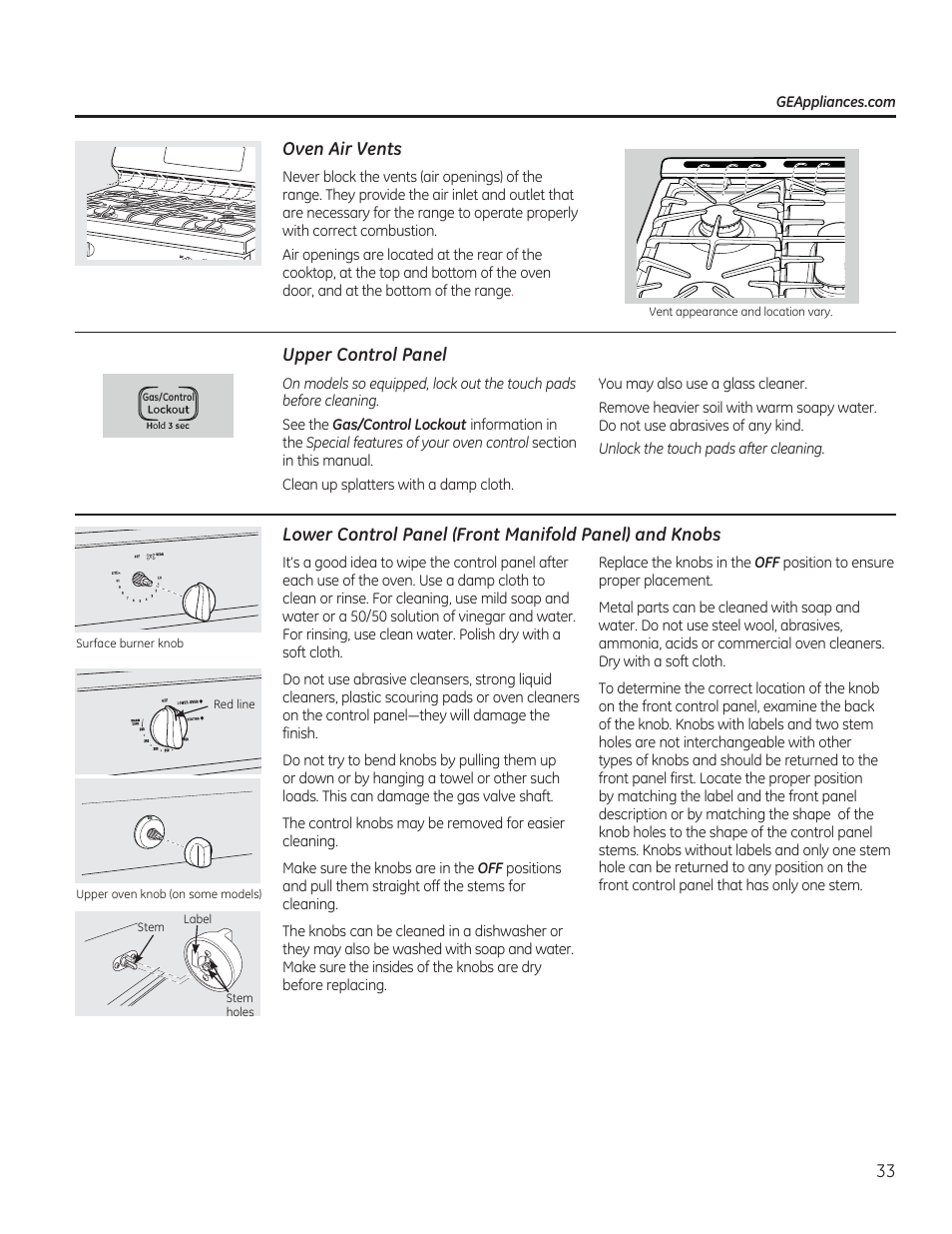 Oven air vents, Upper control panel, Oven vents | GE CGS990SETSS User Manual | Page 33 / 114