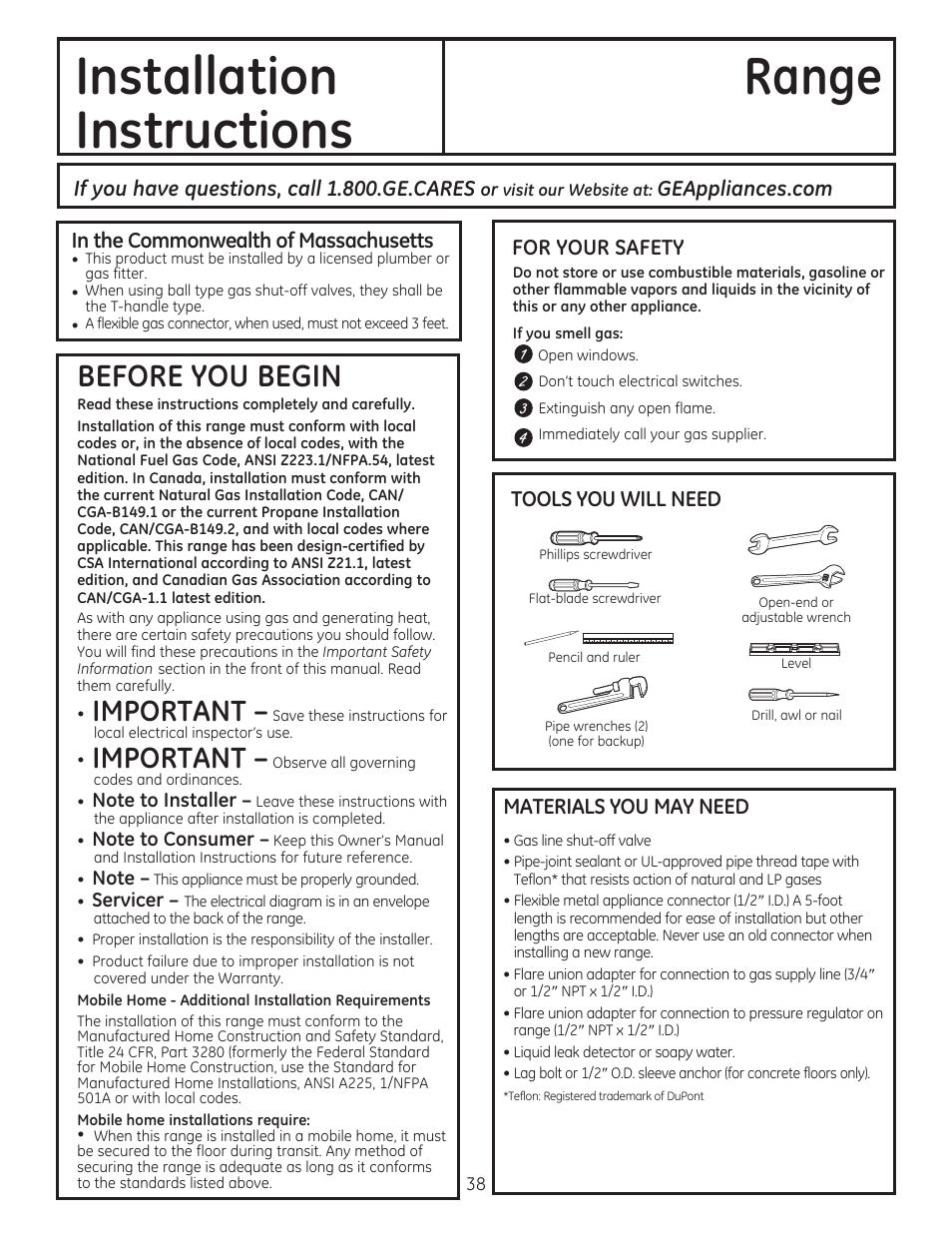 In the commonwealth of massachusetts, For your safety, Materials you may need | Installation instructions range, Before you begin, Important | GE CGS990SETSS User Manual | Page 38 / 114