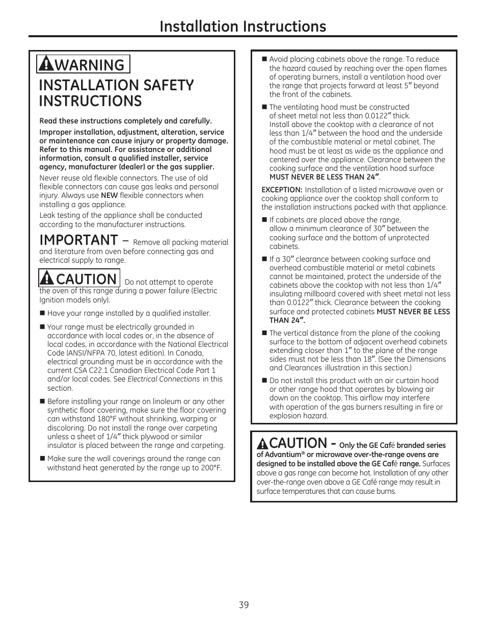 Installation instructions, Installation safety instructions, Important | A caution, Acaution, Warning | GE CGS990SETSS User Manual | Page 39 / 114