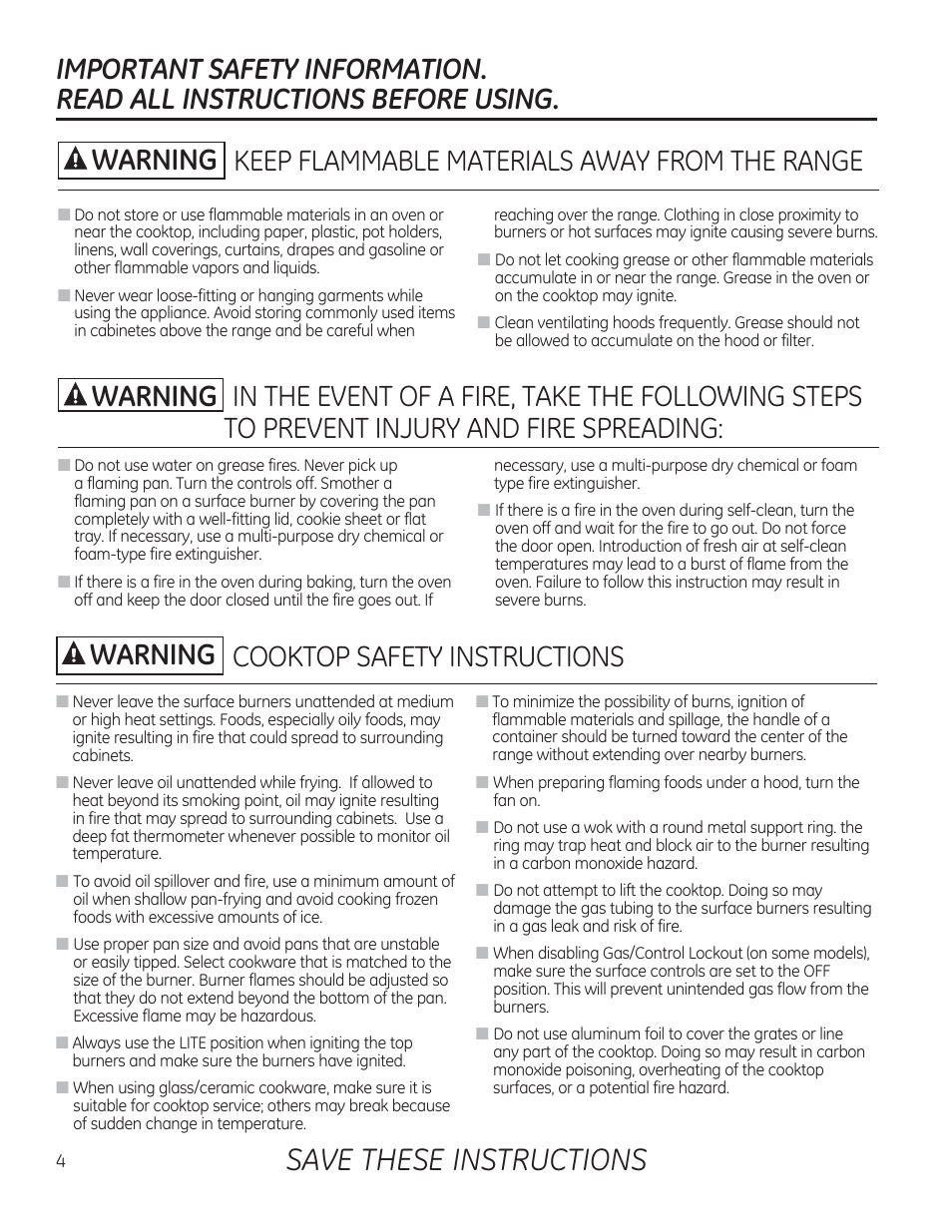 Cooktop safety instructions, Save these instructions, A warning | Keep flammable materials away from the range | GE CGS990SETSS User Manual | Page 4 / 114