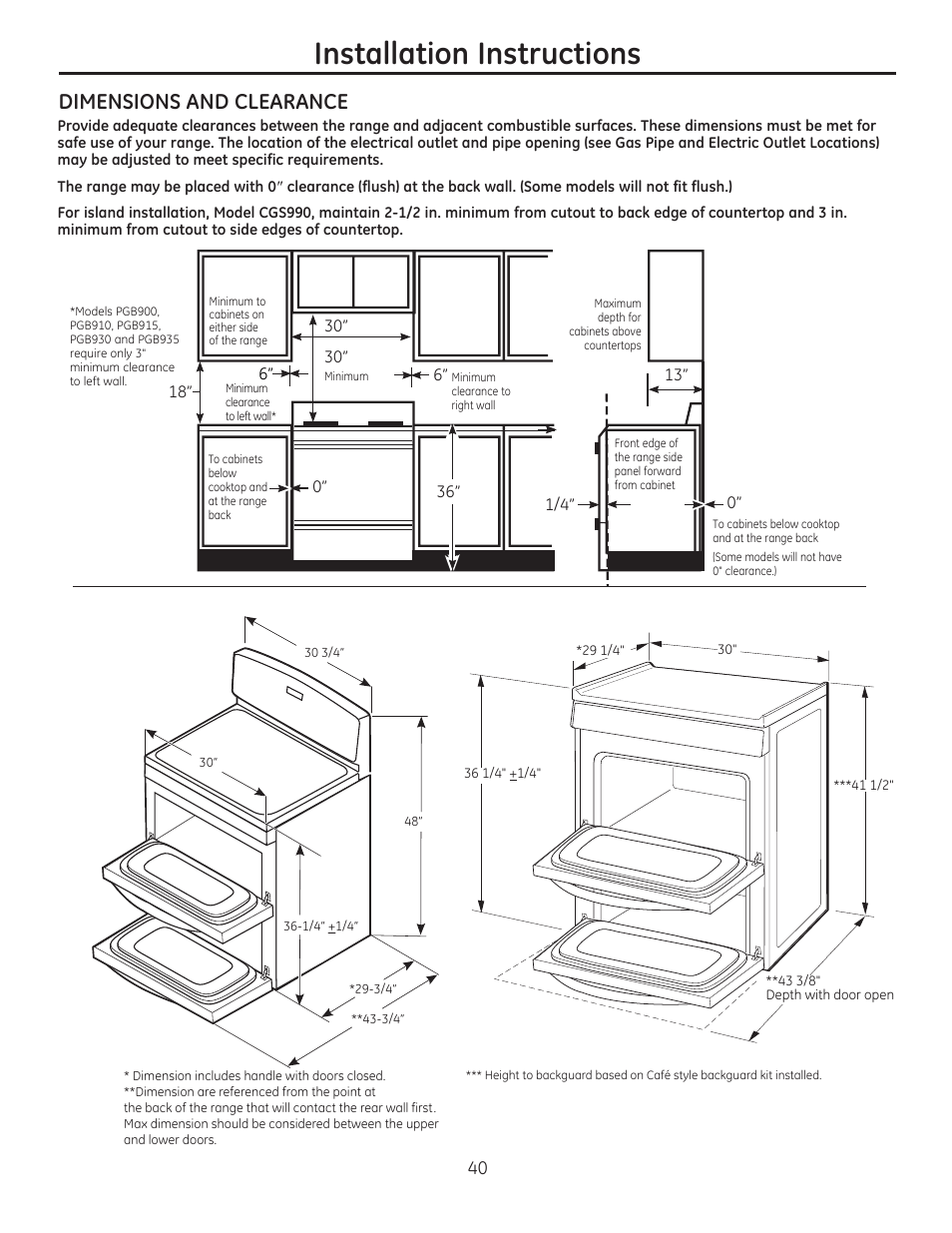 Dimensions and clearance, Installation instructions | GE CGS990SETSS User Manual | Page 40 / 114