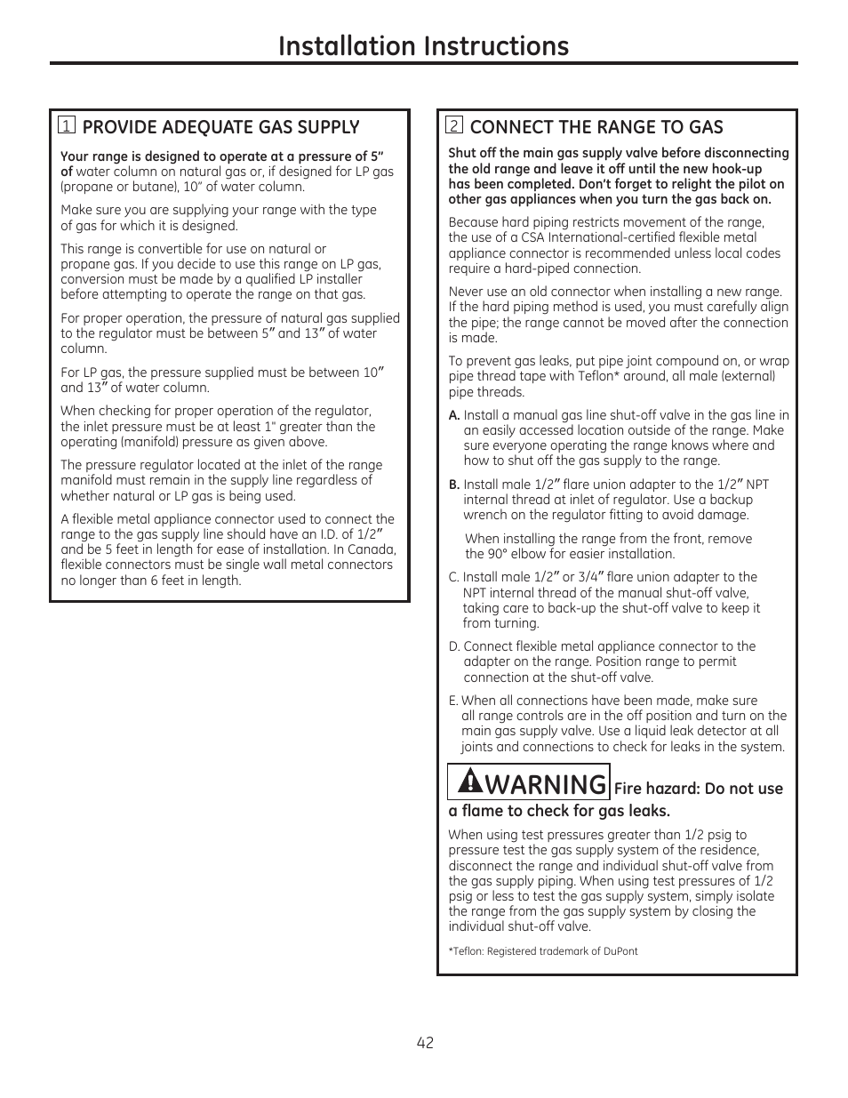 Provide adequate gas supply, Connect the range to gas, Installation instructions | Warning | GE CGS990SETSS User Manual | Page 42 / 114