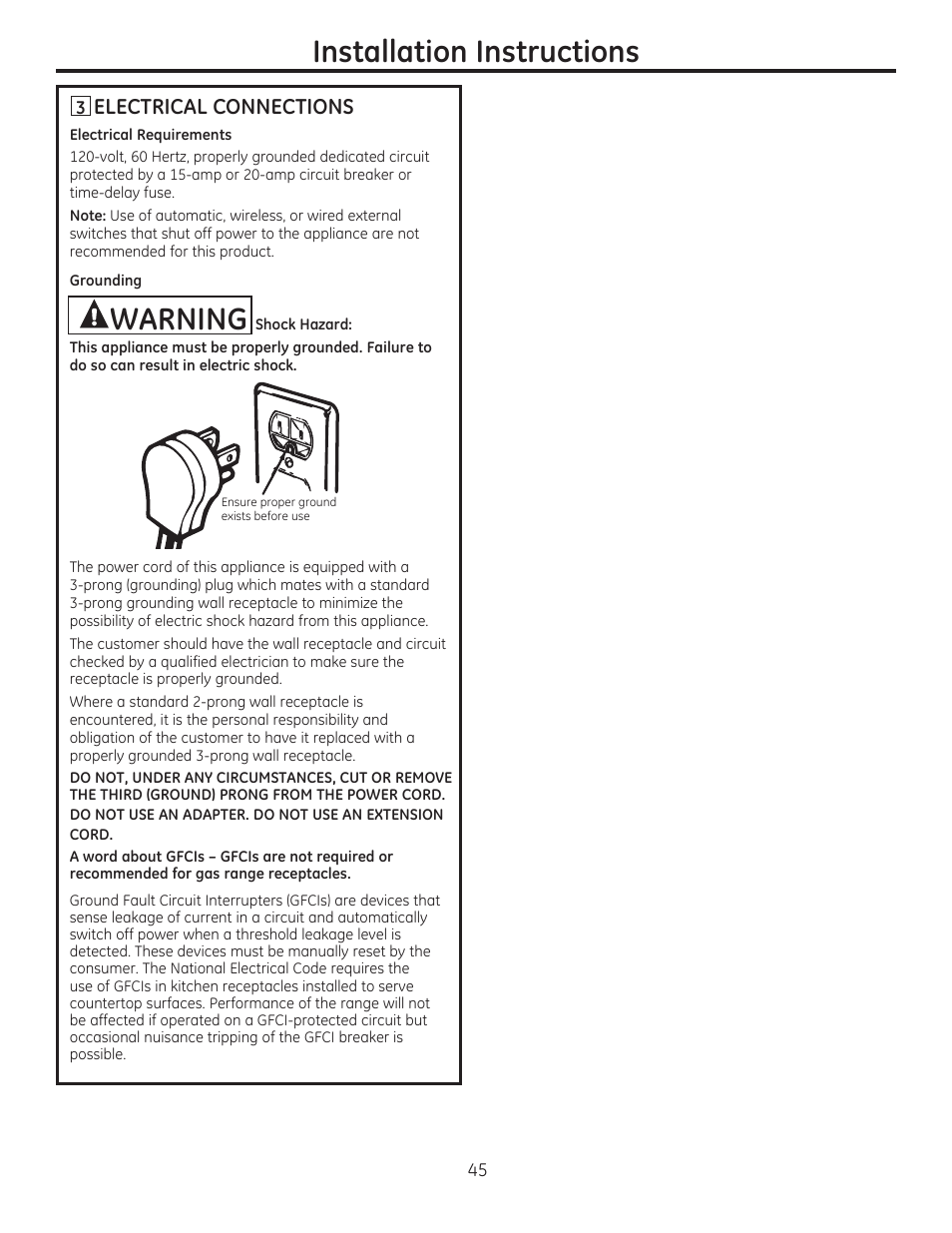 Electrical connections, Installation instructions, Warning | GE CGS990SETSS User Manual | Page 45 / 114