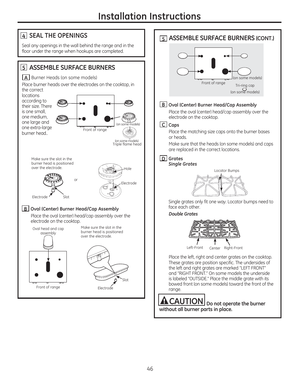 Seal the openings, S assemble surface burners, U assemble surface burners (cont.) | Assemble surface burners, Installation instructions, Cont.) | GE CGS990SETSS User Manual | Page 46 / 114