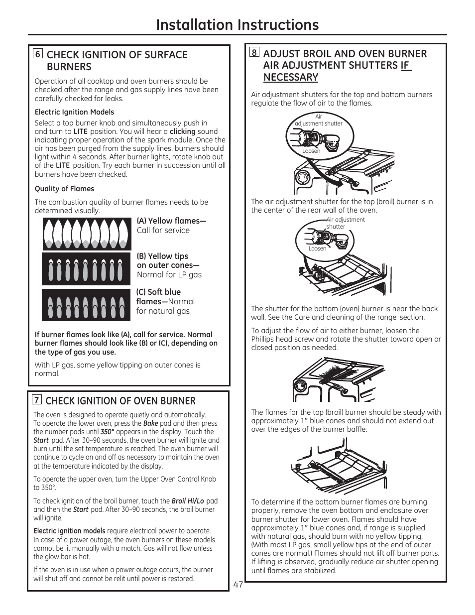 Check ignition of surface burners, N check ignition of oven burner, Installation instructions | Check ignition of oven burner | GE CGS990SETSS User Manual | Page 47 / 114