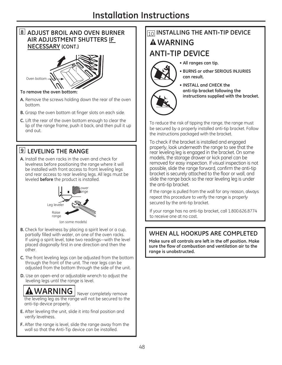 Leveling the range, Installing the anti-tip device, When all hookups are completed | Installation instructions, Cont.) | GE CGS990SETSS User Manual | Page 48 / 114