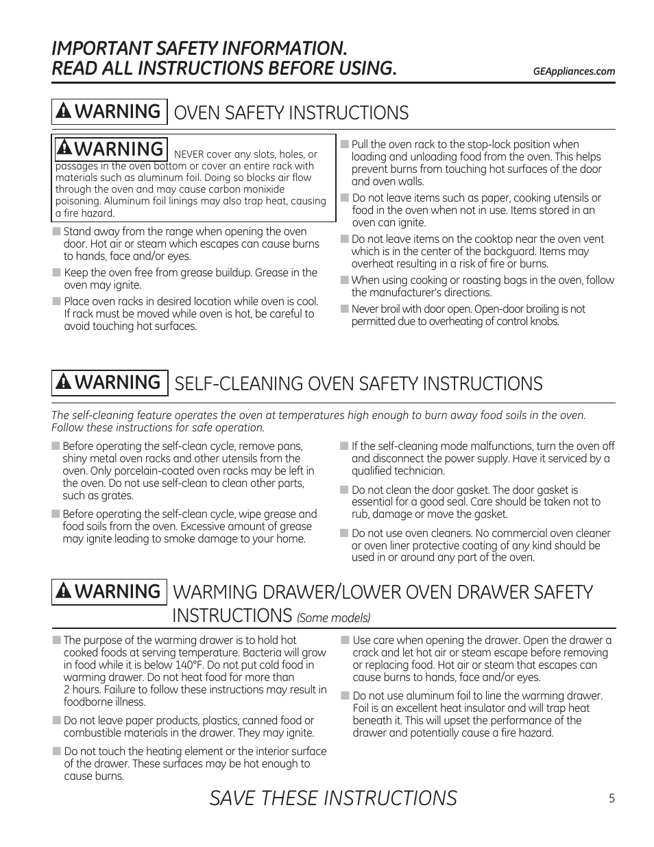 Oven safety instructions, Self-cleaning oven safety instructions, Awarning warming drawer/lower oven drawer safety | Save these instructions, A warning, Awarning | GE CGS990SETSS User Manual | Page 5 / 114