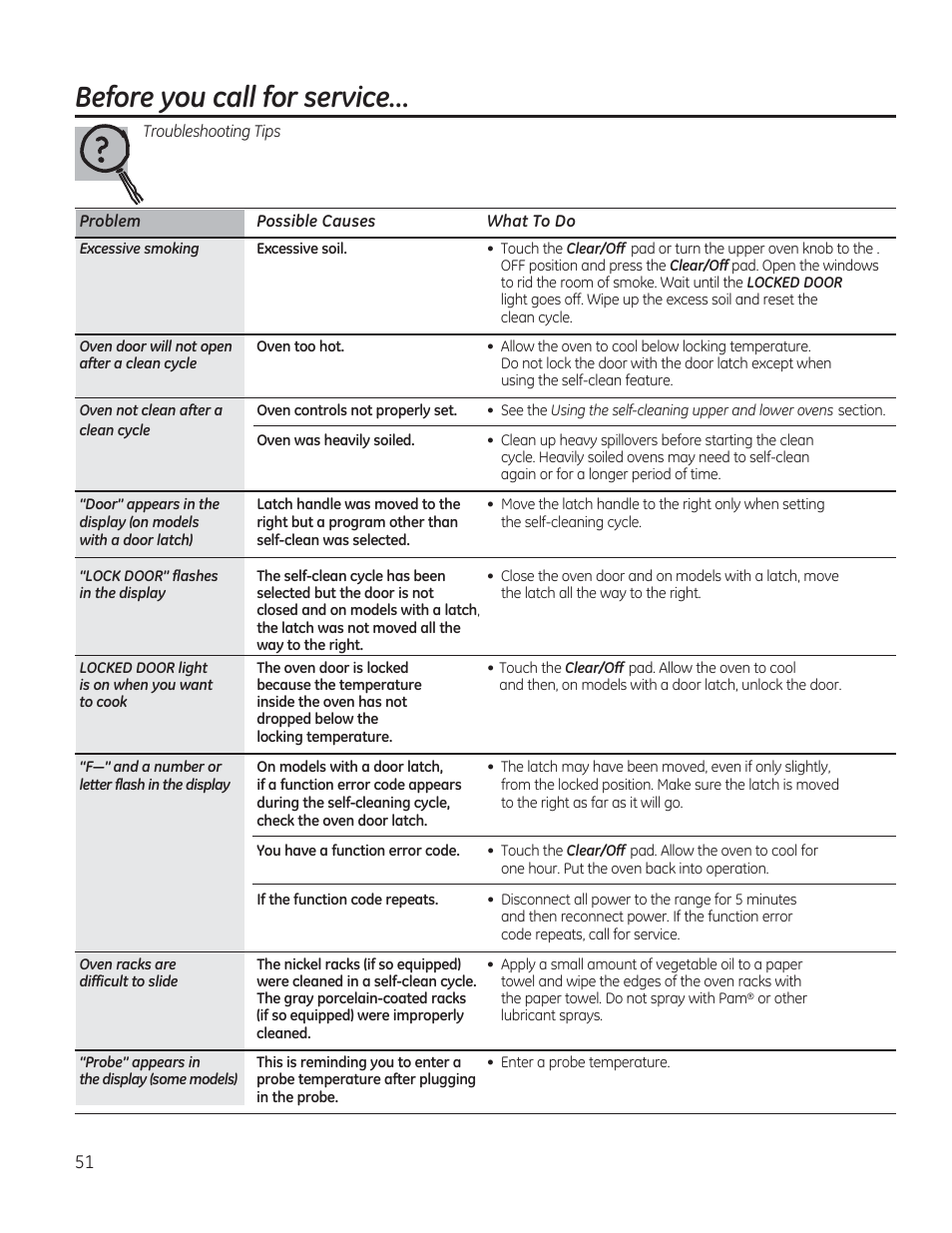 Before you call for service | GE CGS990SETSS User Manual | Page 51 / 114