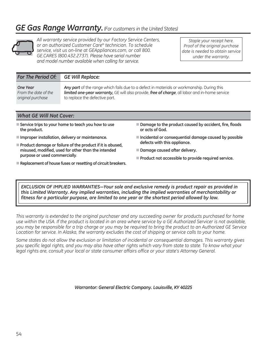 Ge gas range warranty | GE CGS990SETSS User Manual | Page 54 / 114