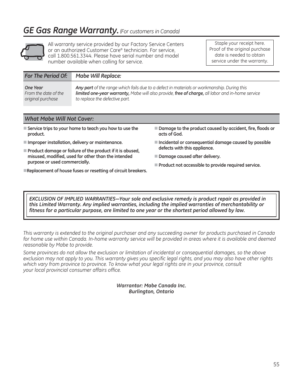 For the period of: habe will replace, What mabe will not cover, Ge gas range warranty | GE CGS990SETSS User Manual | Page 55 / 114