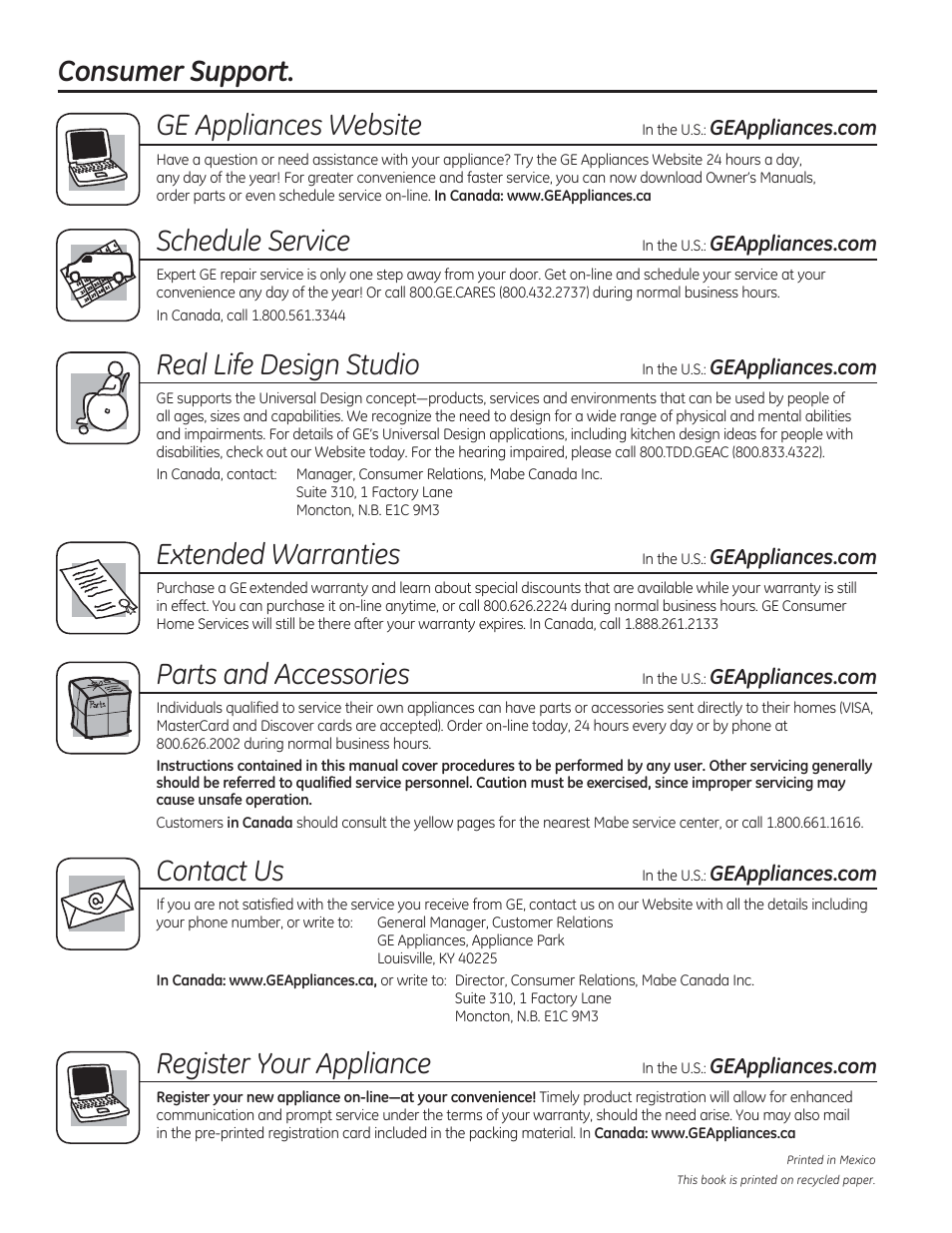 Consumer support, Ge appliances website, Schedule service | Real life design studio, Extended warranties, Parts and accessories, Contact us, Register your appliance | GE CGS990SETSS User Manual | Page 56 / 114