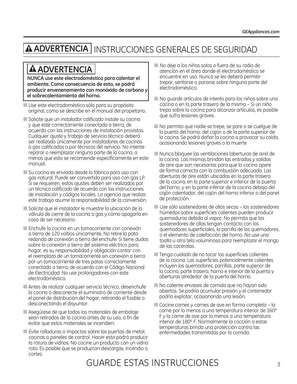 A advertencia instrucciones generales de seguridad, Guarde estas instrucciones, A advertencia | Instrucciones generales de seguridad | GE CGS990SETSS User Manual | Page 59 / 114