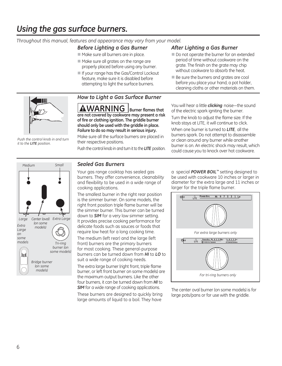 Using the gas surface burners, Before lighting a gas burner, After lighting a gas burner | How to light a gas surface burner, Sealed gas burners, Awarning | GE CGS990SETSS User Manual | Page 6 / 114