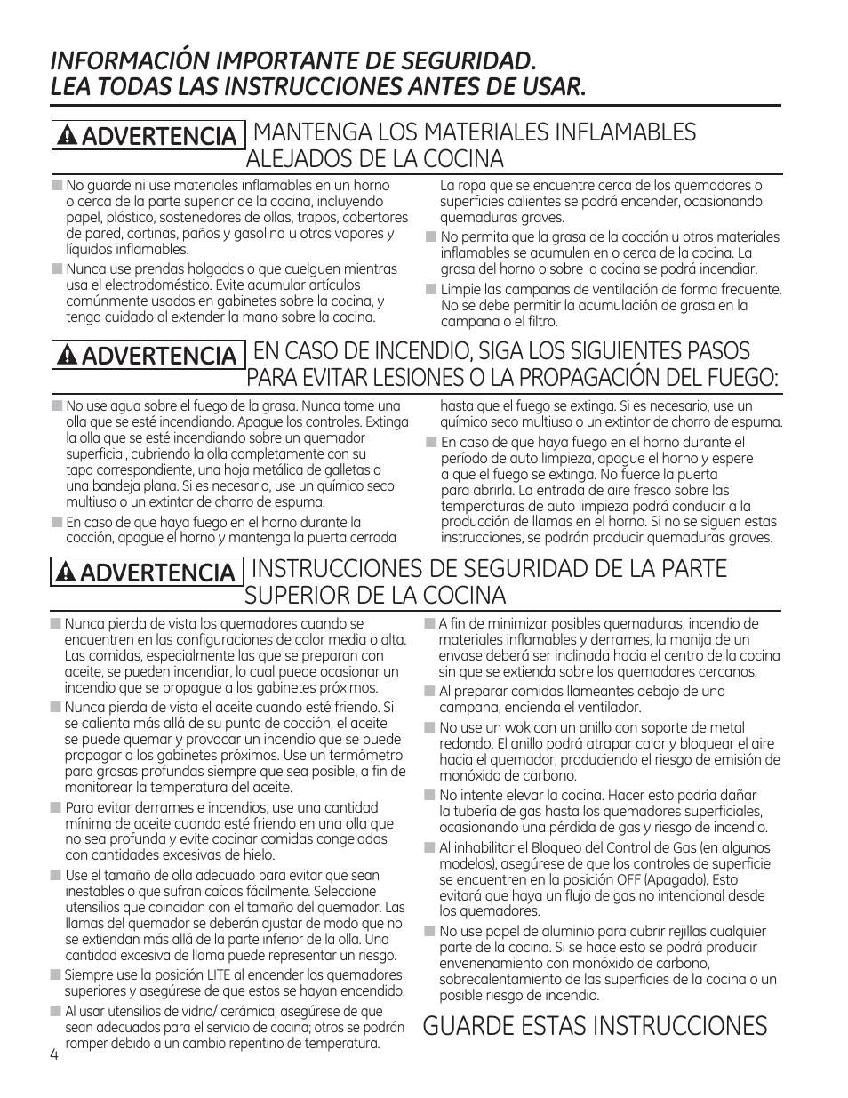 Informacion importante de seguridad, Lea todas las instrucciones antes de usar, Guarde estas instrucciones | A advertencia | GE CGS990SETSS User Manual | Page 60 / 114